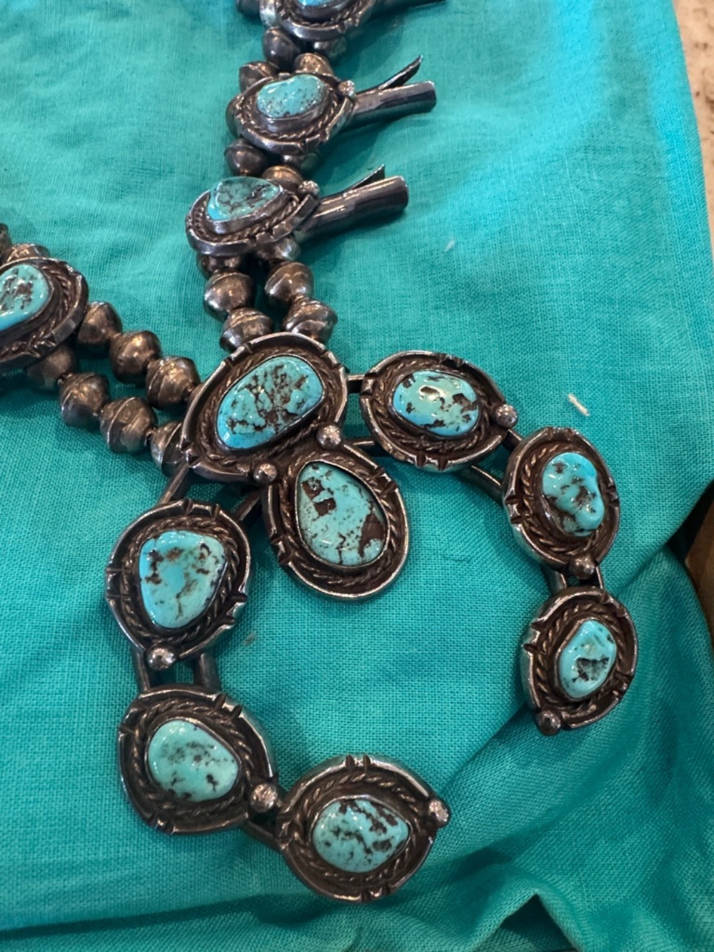 Turquoise Stone Squash Blossom Necklace - Blue Statement Necklace - Picture 2 of 4